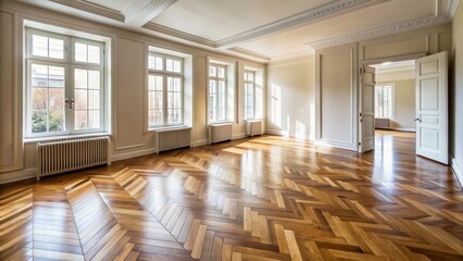 Obraz premium Empty room in old apartment building with parquet floor , vintage, window, sunlight, interior, architecture, urban, abandoned