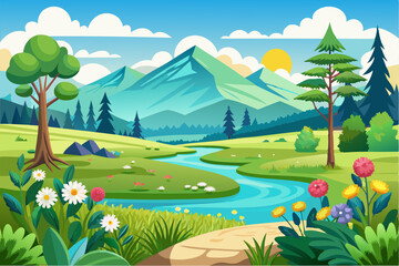 Obraz premium Serene Mountain Landscape with Winding River and Blooming Flowers