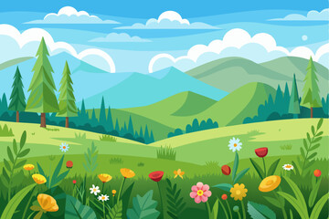 Naklejka premium Lush Green Meadow with Mountains and Flowers in the Foreground