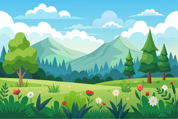 Mountainous Landscape with Green Trees and Flowers