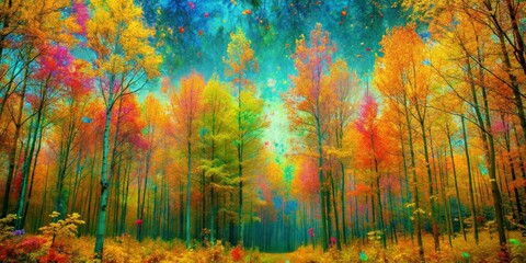 Ink splashed autumn forest with vibrant colors and abstract patterns, ink, splatter, autumn, forest, trees, colorful