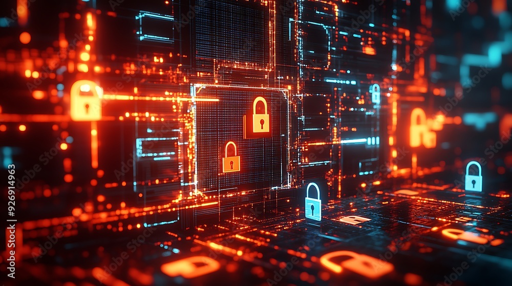 Poster visualization of encrypted data with glowing locks and keys in a high-tech environment