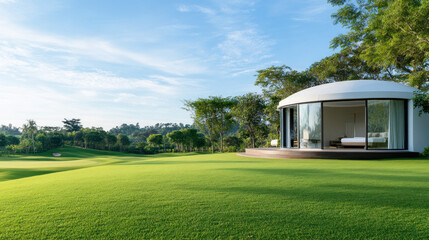 A cozy modern yurt by green grassland, luxury glamorous camping glamping