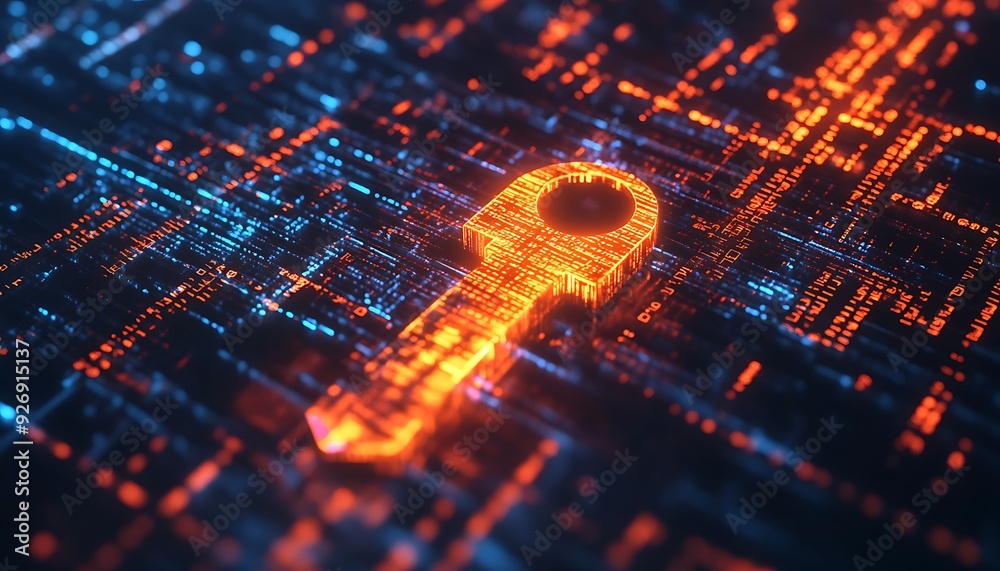 Poster close-up of digital encryption key securing data streams in a high-tech environment