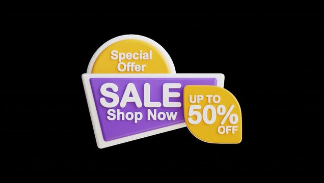 3D Video Animation Purple sale sign with special offer, up to 50% off. Perfect for promoting discounts and sale events in retail businesses.