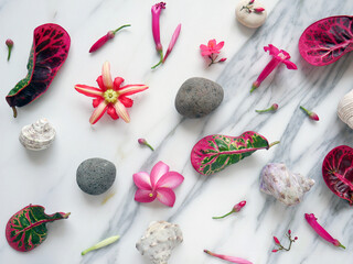 Background of a white marble with flowers, pebbles and seashells to add text