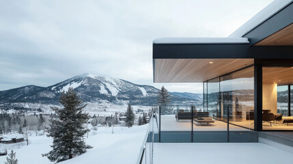 Modern cozy house with deck and stainless steel rails by snowy mount