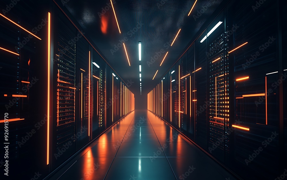 Poster futuristic data center with encrypted data streams flowing through secure servers