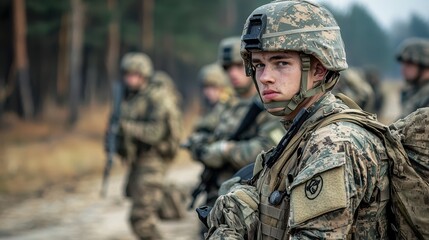 Fototapeta premium A focused young soldier in military camouflage stands in line of fellow soldiers, displaying determination and readiness. atmosphere is serious and intense. 