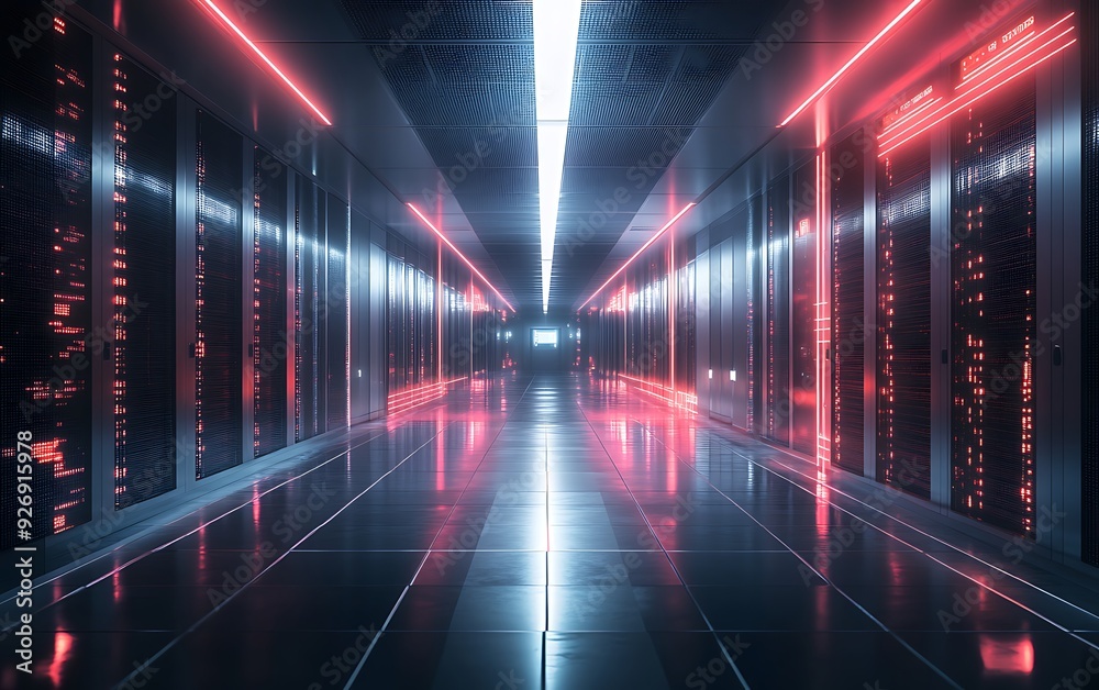 Poster futuristic data center with encrypted data streams flowing through secure servers