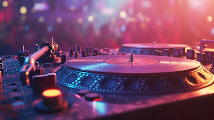 Professional dj turntables playing techno music in nightclub