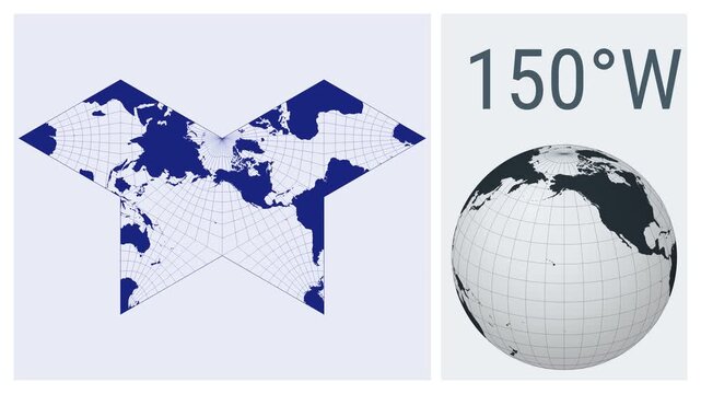 World Map Animation. Gnomonic butterfly projection. Solid color style. Animated world map in Polyhedral Butterfly projection. Loopable animation showing longitude shift and matching globe.