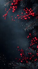 Minimalist Holiday Decor with Elegant Red Berries and Evergreen Branches on Dark Background