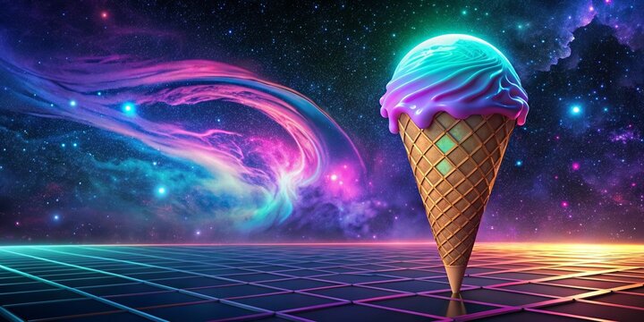 Melting ice cream in a retrowave galaxy space, ice cream, melting, retrowave, galaxy, background, glowing, shaders