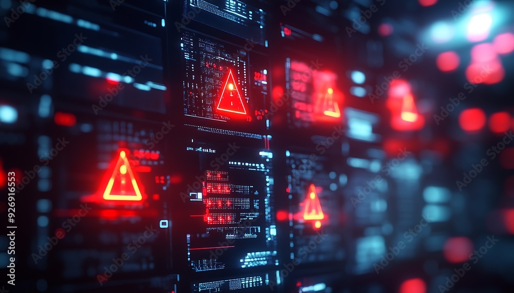 Leinwandbilder close-up of digital system detecting cyber threats with red warning symbols