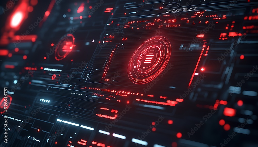 Aufkleber Close-Up of Digital System Detecting Cyber Threats with Red Warning Symbols
