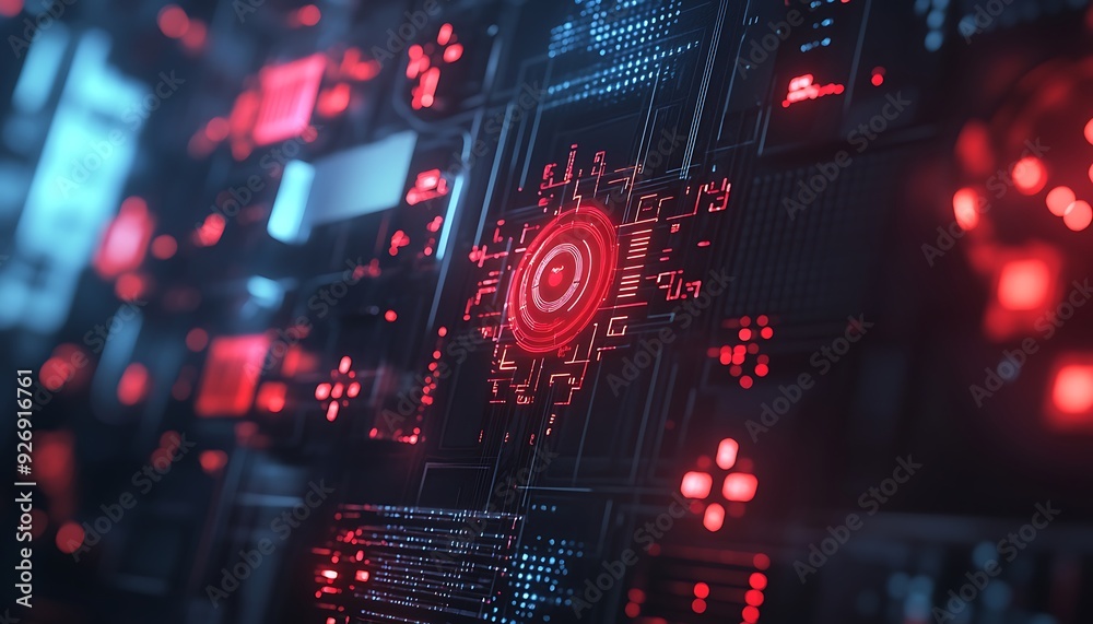 Leinwandbilder close-up of digital system detecting cyber threats with red warning symbols
