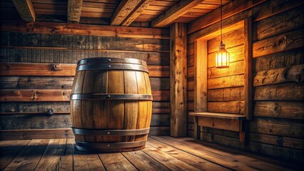 Warm and inviting wooden room with rustic barrel creating cozy atmosphere, sunlit, beams, rustic, barrel, warm, inviting, cozy