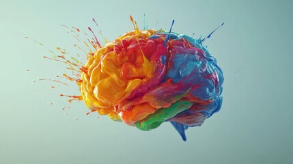 Creative Mind Unleashed - Vibrant Paint Splashes Constructing Brain Structure, 3D Artwork Conceptualization