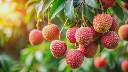 Close-up of ripe lychee fruit on tree with copy space in orchard scene, lychee, fruit, ripe, close-up, tree, vibrant