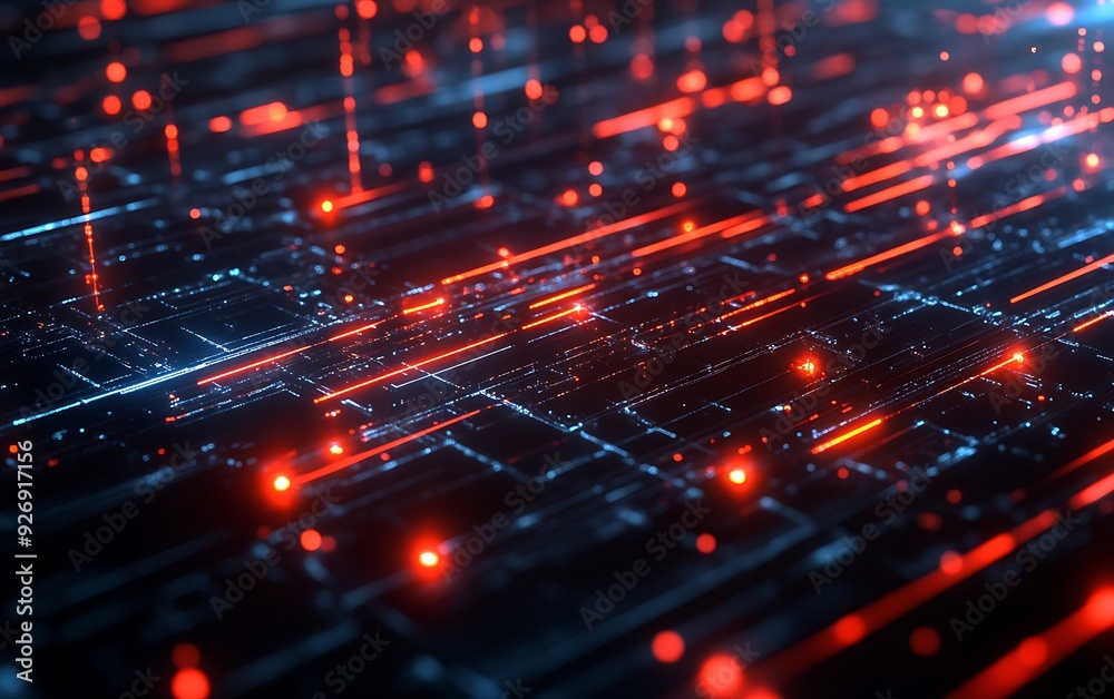 Poster visualization of cyber threat detection with intercepted data streams highlighted in red