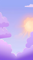 Evening cloudy sky purple. Anime style background with shining sun and white fluffy clouds. Sunny day sky scene cartoon vector illustration.
