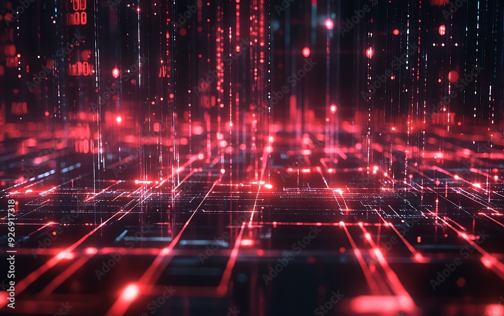 Poster visualization of cyber threat detection with intercepted data streams highlighted in red
