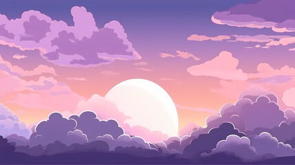 Evening cloudy sky purple. Anime style background with shining sun and white fluffy clouds. Sunny day sky scene cartoon vector illustration.