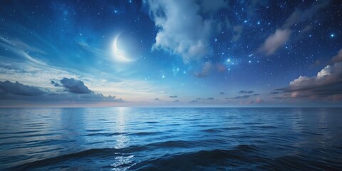 Minimalist night ocean landscape featuring a serene celestial scene, night, ocean, landscape, serene, celestial, minimalist