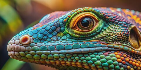 Fototapeta premium Close-up of a colorful reptile with scales and slits for eyes, reptile, scales, colorful, slits, eyes, skin, textured