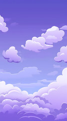 Evening cloudy sky purple. Anime style background with shining sun and white fluffy clouds. Sunny day sky scene cartoon vector illustration.