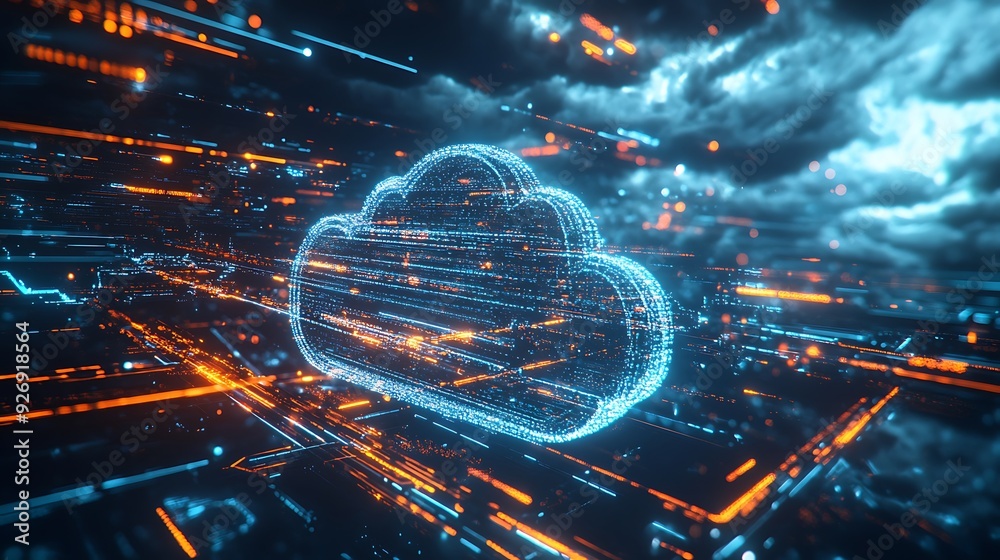 Poster high-tech cloud security visualization with multiple protective layers