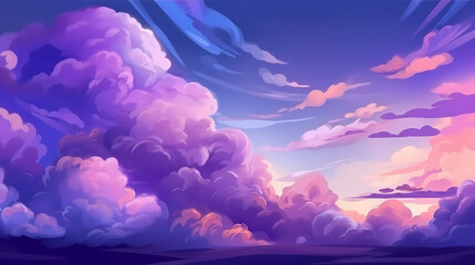 Evening cloudy sky purple. Anime style background with shining sun and white fluffy clouds. Sunny day sky scene cartoon vector illustration.