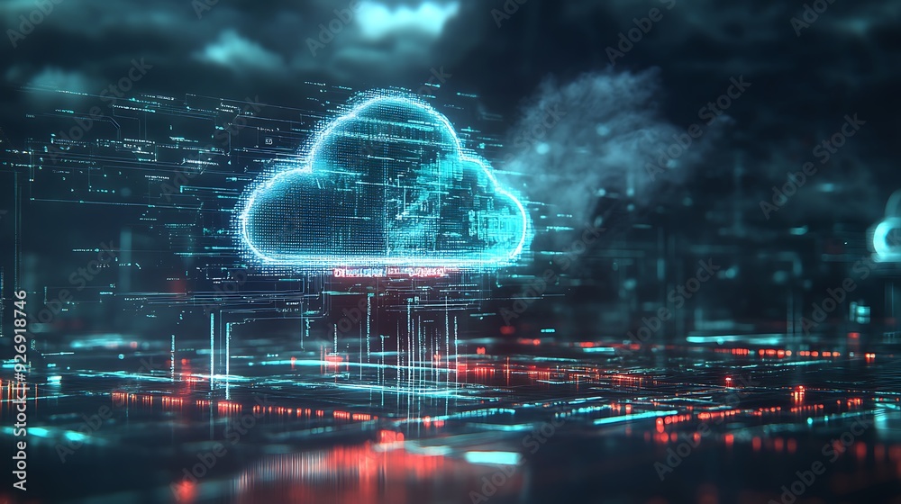 Poster high-tech cloud security visualization with multiple protective layers