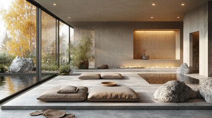 Natural materials like wood and stone enhance the calming ambiance of this minimalist interior design.