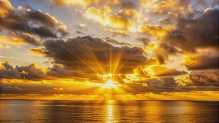 Gold sunset over the sea with rich dark clouds and rays of light, gold, sunset, sea, clouds, rays, light, nature, landscape