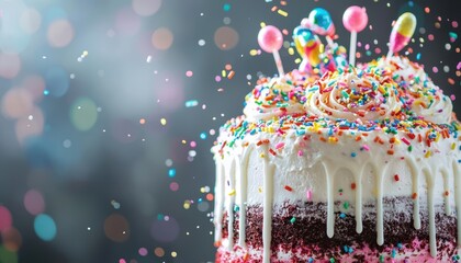 Colorful birthday cake with sprinkles and candles exploding with confetti.