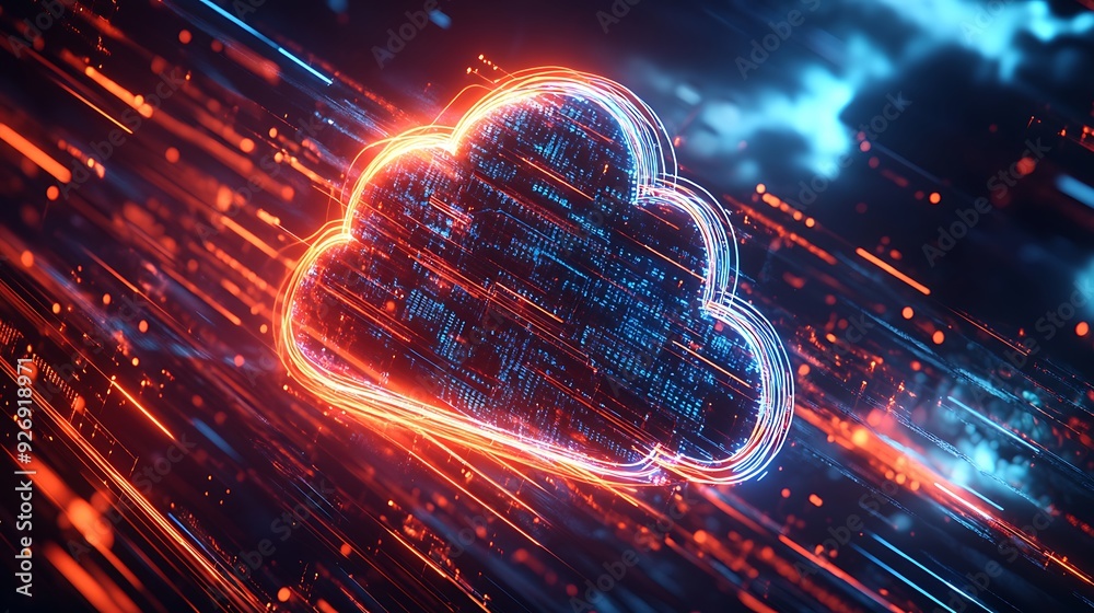 Poster high-tech cloud security visualization with multiple protective layers