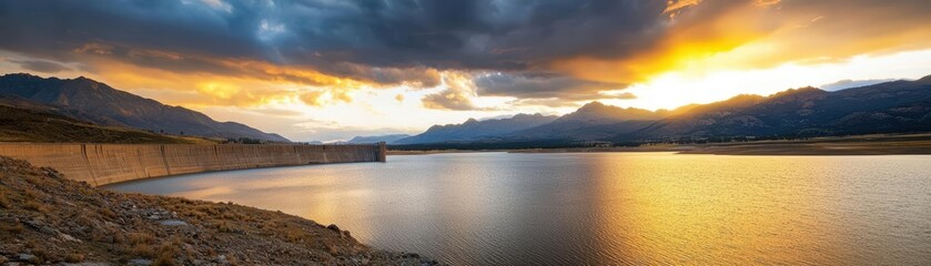 Fototapeta premium Scenic view of a lake with mountains and a dam in the foreground.