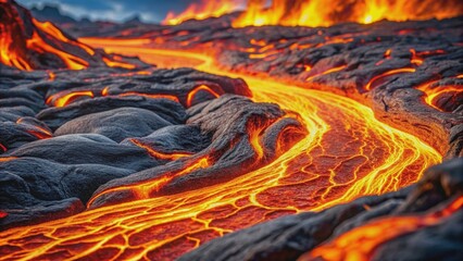 Extreme close up of flowing lava and magma, flow, molten, heat, liquid, volcanic, eruption, intense, red, orange, hot, fiery