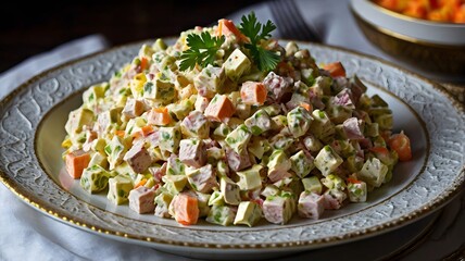Russian salad,The history of the Russian salad, also known as Olivier salad, dates back to the 19th century, when the chef Lucien Olivier, of the famous Hermitage restaurant in Moscow,
 