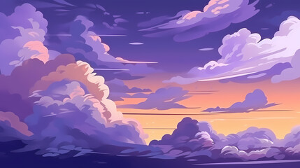 Evening cloudy sky purple. Anime style background with shining sun and white fluffy clouds. Sunny day sky scene cartoon vector illustration.