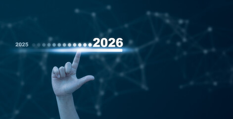 2026 business planning and strategy concept, Hand touching on download bar status to change from...