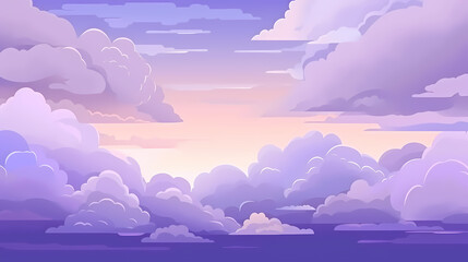 Evening cloudy sky purple. Anime style background with shining sun and white fluffy clouds. Sunny day sky scene cartoon vector illustration.