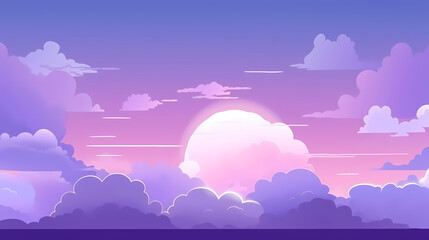 Evening cloudy sky purple. Anime style background with shining sun and white fluffy clouds. Sunny day sky scene cartoon vector illustration.