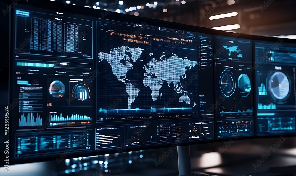 Poster digital interface showing real-time cloud security analytics and monitoring