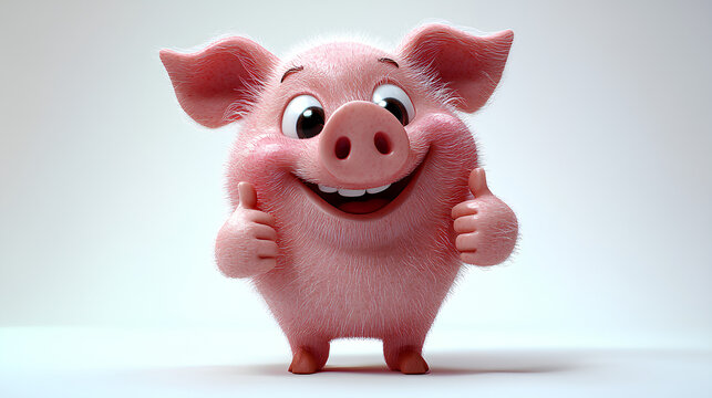 Happy smiling funny ginger pig cartoon character in 3d design style showing thumbs up gesture on white background. Cute fantasy animals concept