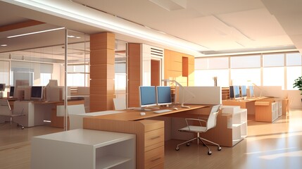 Contemporary Office Environment with Warm Lighting and Natural Materials, Emphasizing Comfort and Productivity
