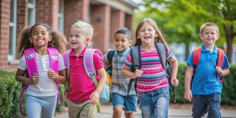 First day of school adventure begins, children walking excitedly with backpacks, children, school, back to school
