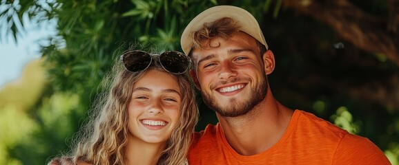 Fototapeta premium Full-Length Of A Young Couple On Summer Vacation, Their Smiles Bright In The Sun